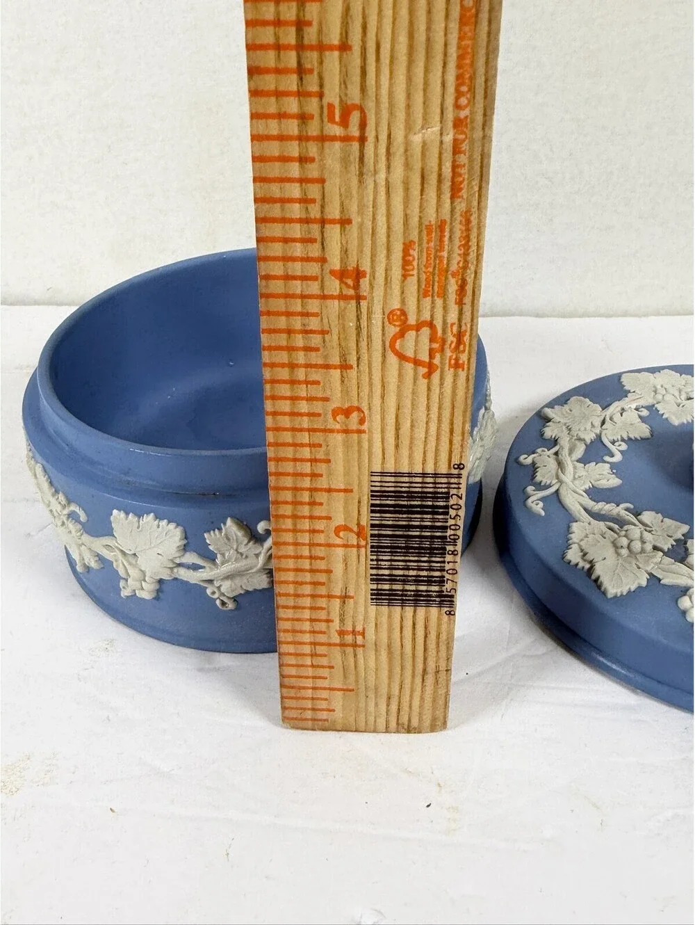 Vintage Wedgwood Blue Jasperware Lidded Trinket Box Grape Vine Pattern F4